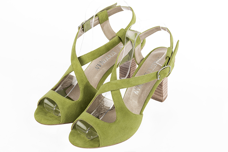 Pistachio green women's open back sandals, with crossed straps. Round toe. High kitten heels. Front view - Florence KOOIJMAN